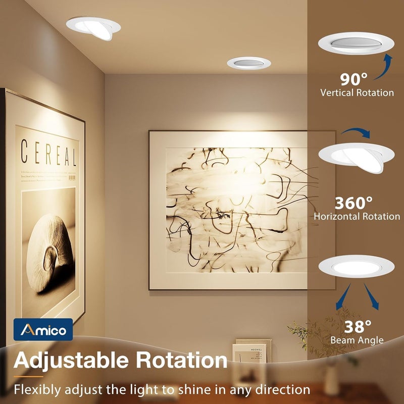 Amico 6 Pack 6 Inch 5CCT Gimbal LED Recessed Lighting, 360°&90° Adjustable Eyeball Directional Downlight, Dimmable, 2700K/3000K/3500K/4000K/5000K Selectable, CRI90+ 12W 1200LM, ETL&FCC - Image 2